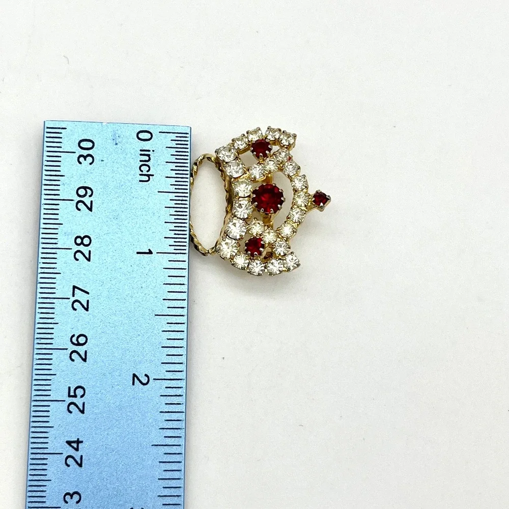 Crown Brooch Pin‎ Rhinestone Red White Gold Tone Vintage Jewelry